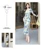Elegantes V-Ausschnitt Netzkleid mit Print: Hohe Taille, Schlankmachender Falten-Schlitz, Langarm Bodycon Rock
