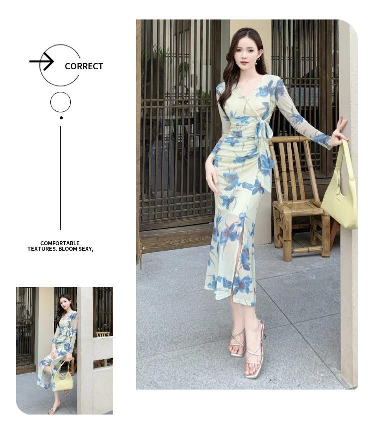 Elegantes V-Ausschnitt Netzkleid mit Print: Hohe Taille, Schlankmachender Falten-Schlitz, Langarm Bodycon Rock
