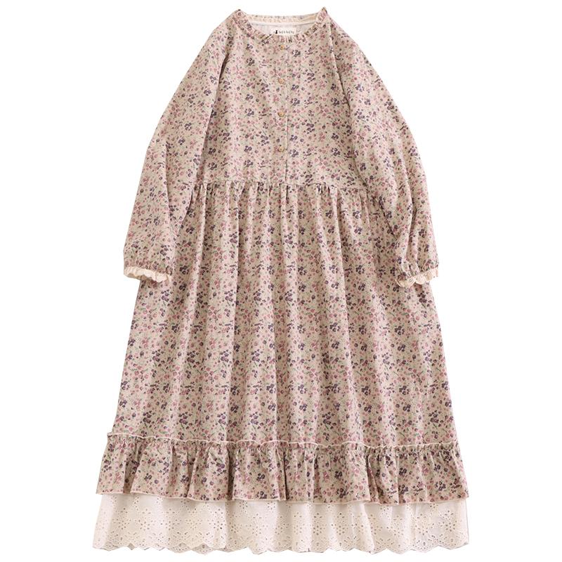 Vintage Floral Long Sleeve Dress, Women Casual Lace Hem Loose Swing Dress, Spring Elegant Slim Long Dress