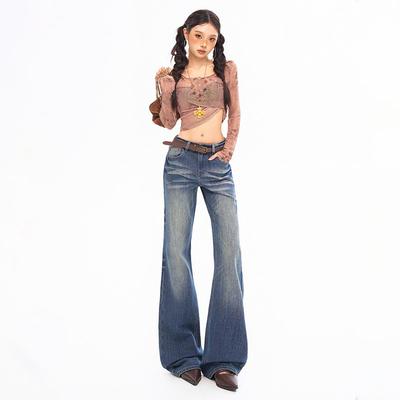 2025 Autumn/Winter Slimming Dark Blue-Gray Micro-Flared Jeans for Tall Women with Versatile Pattern