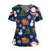 Women's Christmas Print V-Neck Short Sleeve Scrub Top with Pockets and Side Slits