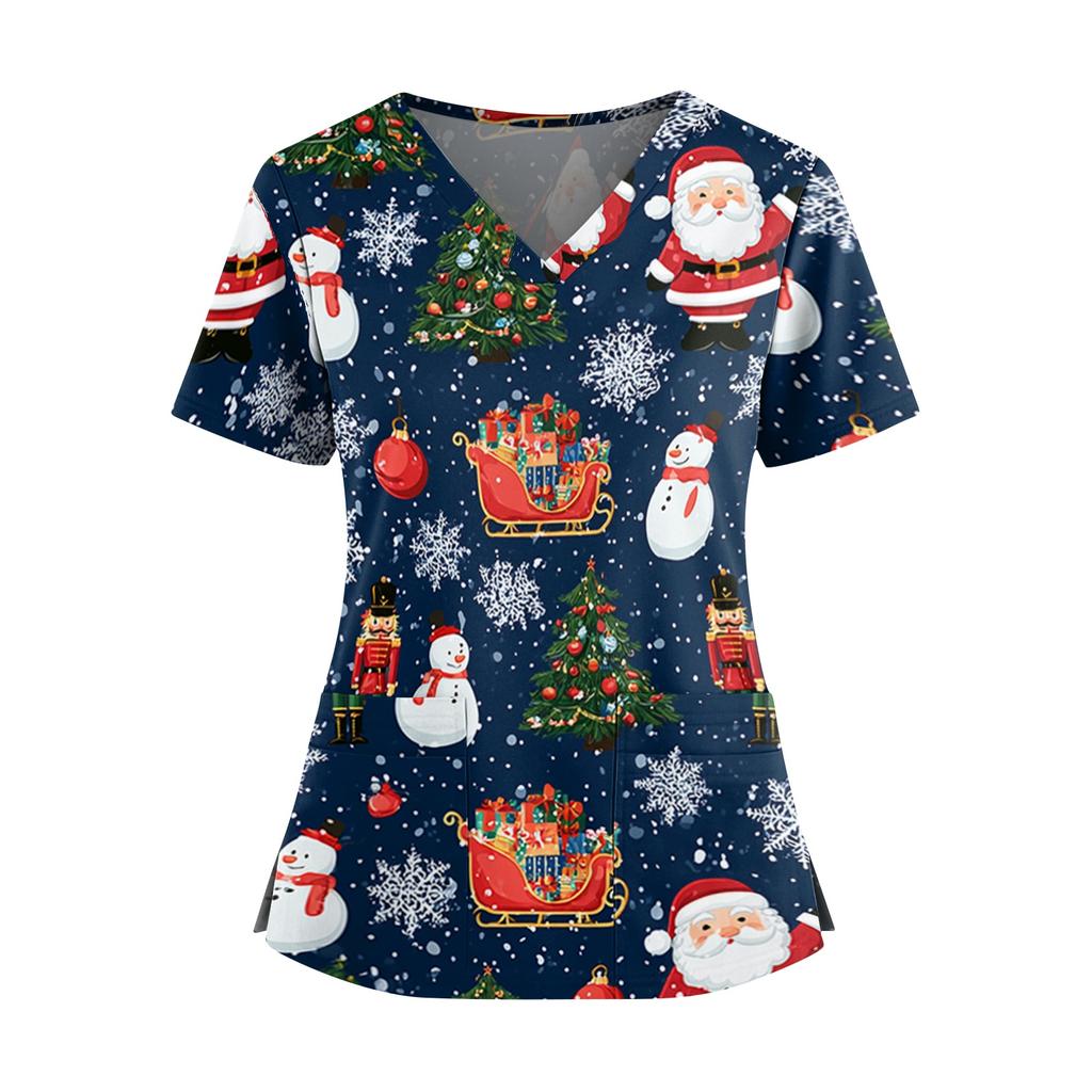 Women's Christmas Print V-Neck Short Sleeve Scrub Top with Pockets and Side Slits