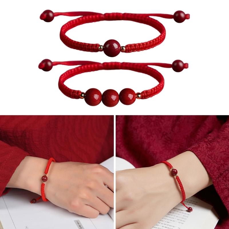 Chinese Red Woven Bracelet Handmade Round Bead Wrist Bangle Adjustable Red Rope Hand Link Chain for Luck and Fortune