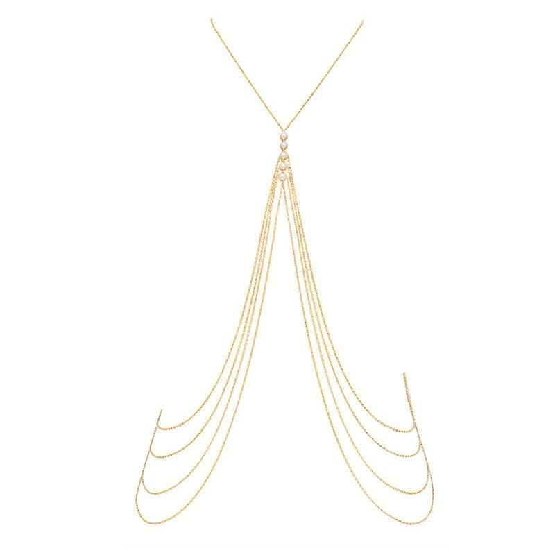 

European and American jewelry, exaggerated sexy spice girl imitation pearl multi-layer body chain, nightclub chest chain, street shot waist chain for золотой