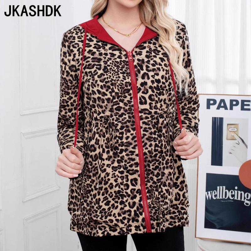 JKASHDK Women's Fashion Casual Leopard Print Autumn Winter Long Sleeve Hooded Jackets & Coats