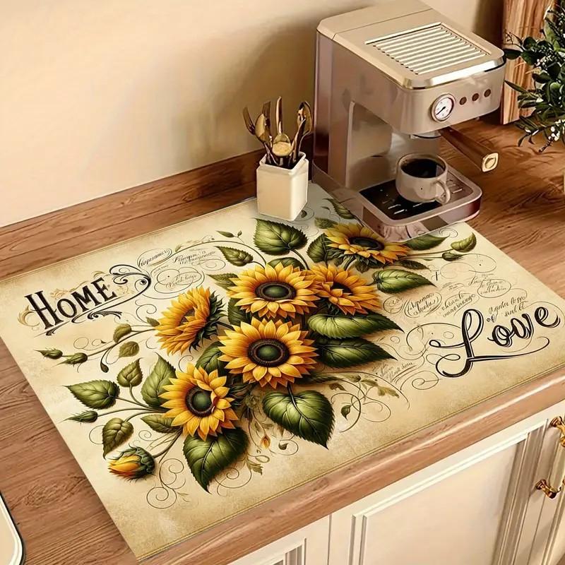 Sonnenblumen-bedruckter Untersetzer Abtropfmatte Kaffeemaschine Rutschfest Superabsorbierend Verschleißfest Geschirrabtropfmatte für Arbeitsplatte