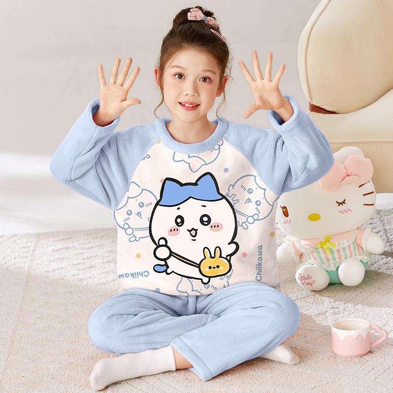 Kids Flannel Pajamas Set Boys Girls Warm Long Sleeve Top And Pants Sleepwear Winter Home Nightwear