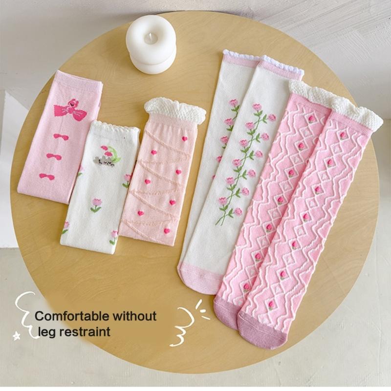 Children's Knee Length Cotton Socks Baby Girls Long Tube Socks Soft Stockings Flower Pattern for School Uniforms