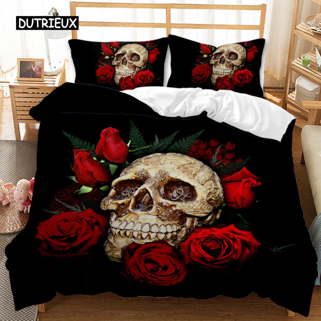 Skull Duvet Cover Set Rose Floral Twin Bedding Set Printed Valentine's Day Halloween Skull Gothic Skeleton Polyester Qulit Cover