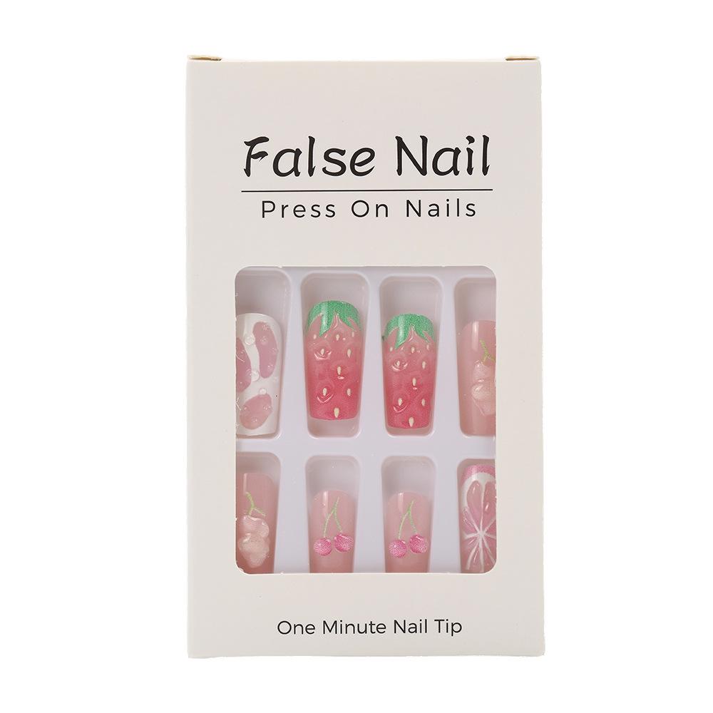 24 Pièces Longues Ongles Press-On Forme Coffin Rose Doux Fraise Cerise Motif Fruité Été Dopamine Ongles Faux Portables