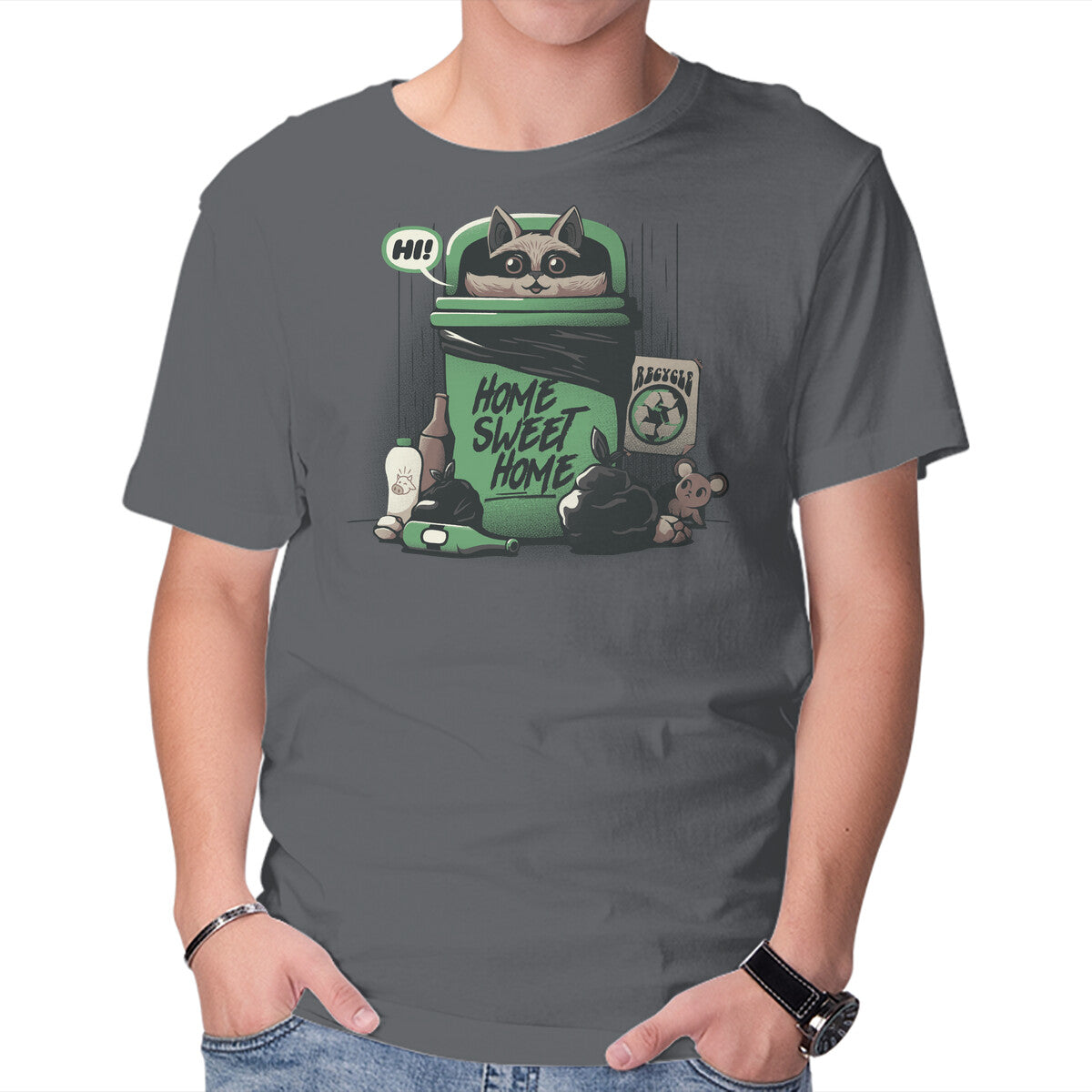 Unisex Crew Neck T-Shirt Home Sweet Home Garbage Raccoon Graphic Short Sleeve Casual Tee M