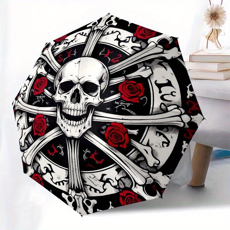 Skull & Roses Crossbones Circular Wall Art Decor Umbrella, Portable 3-Fold Compact Umbrella for Men & Women R135