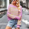 Ladies Autumn Winter Lantern Sleeve Round Collar Striped Pullover Warm Knitted Sweater Knitwear Top