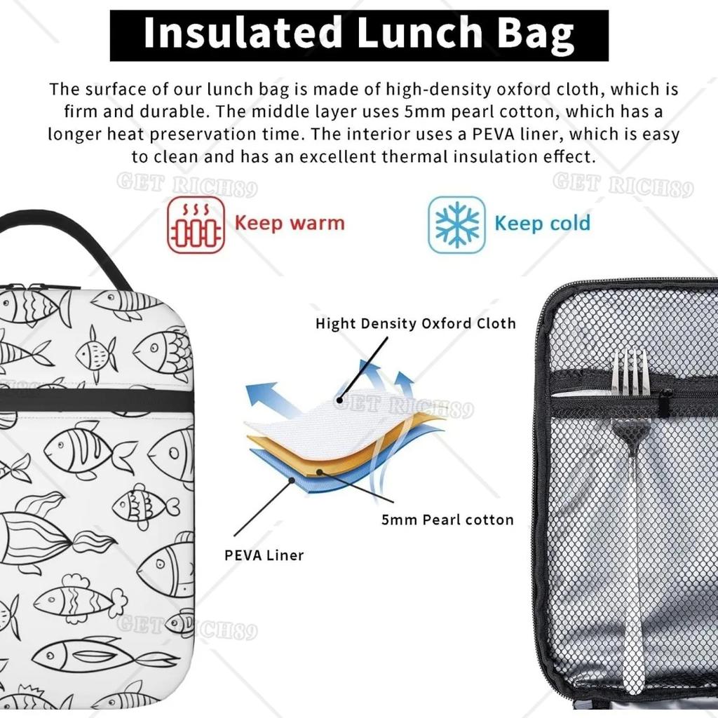 Hand Drawn Fish Portable Lunch Bag for Women/Men Insulated Reusable Lunch Box for Office Work School Picnic Beach Cooler Bag
