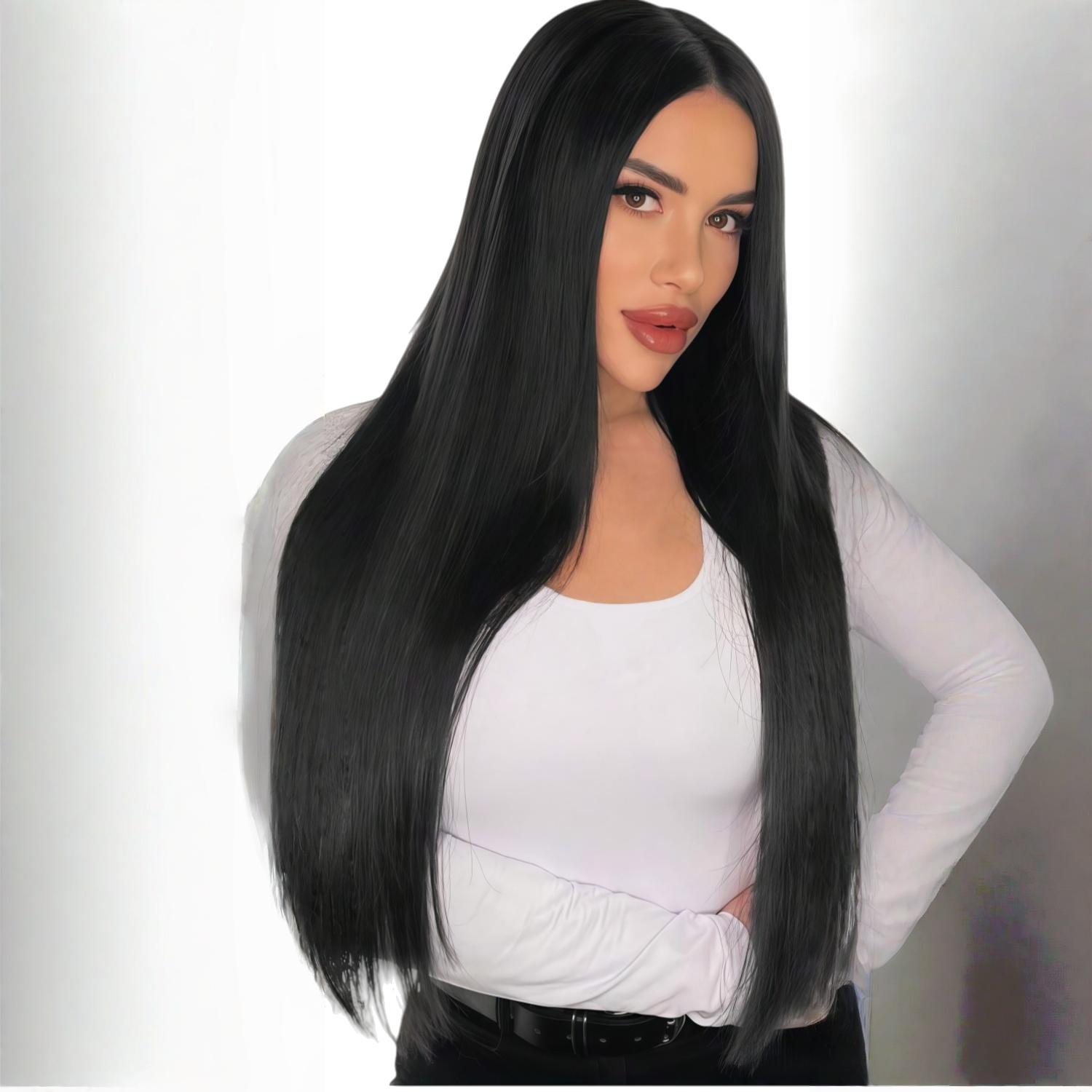 Perruque Longue Droite Noire 32 Pouces Résistante à la Chaleur Synthétique Pour Femmes Cosplay Fête Noir Naturel 28inches&1pc noir