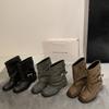 Trendy fine new gray short boots women's polished thick heel belt buckle loose pleated pile boots