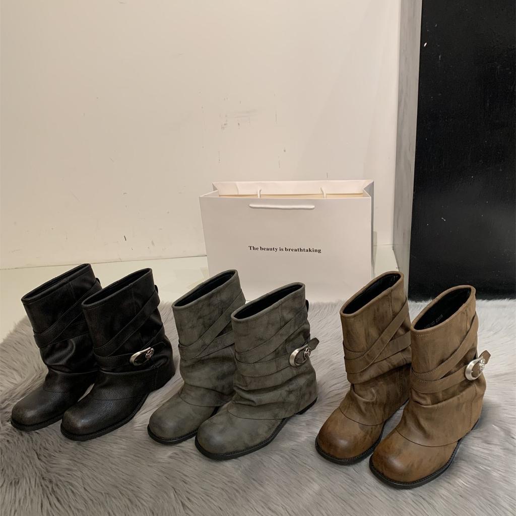 Trendy fine new gray short boots women's polished thick heel belt buckle loose pleated pile boots
