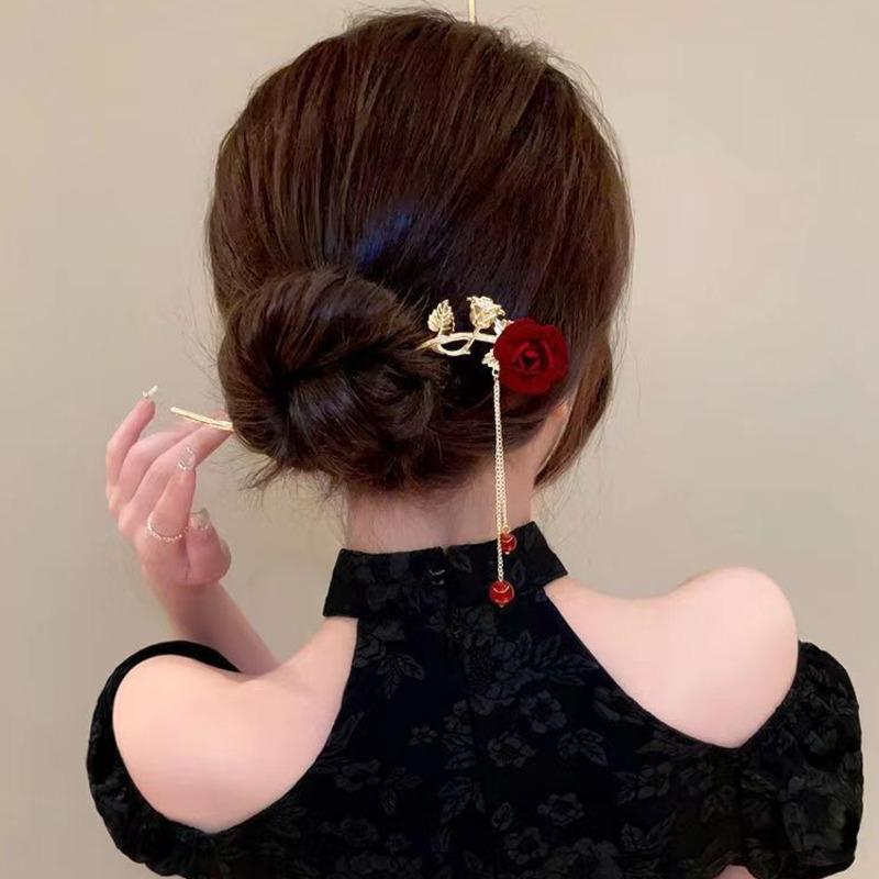 Vintage Rose Haar Sticks Hairwear Für Frauen Einfache Blume Rote Haarnadel Haar Zubehör Essstäbchen Scheibe Hairstick Kopfschmuck Schmuck