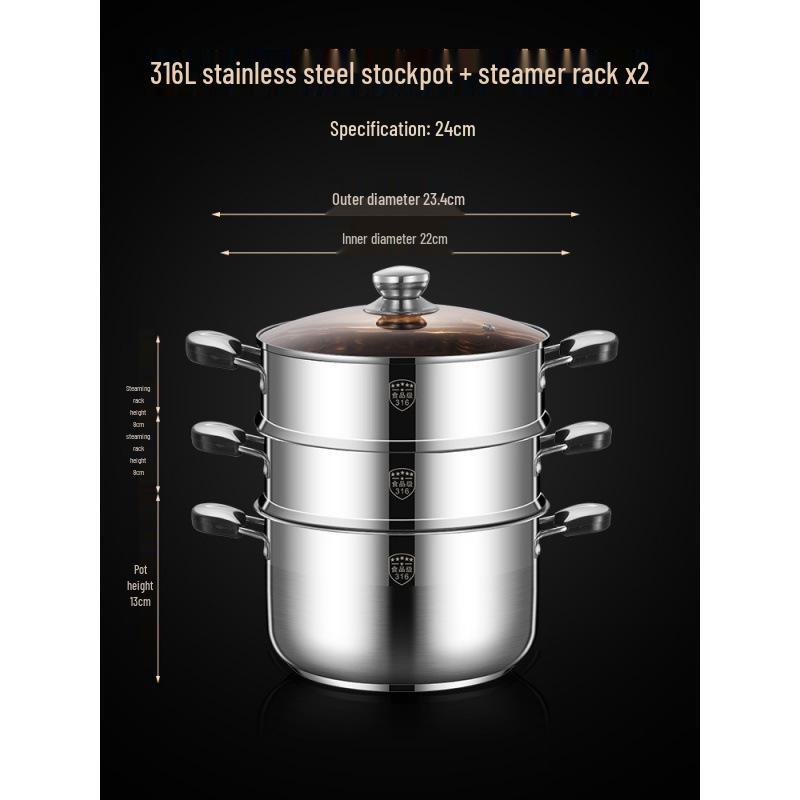 2025 Three-Layer 316 Stainless Steel Steamer & Soup Pot for Induction & Gas Stoves