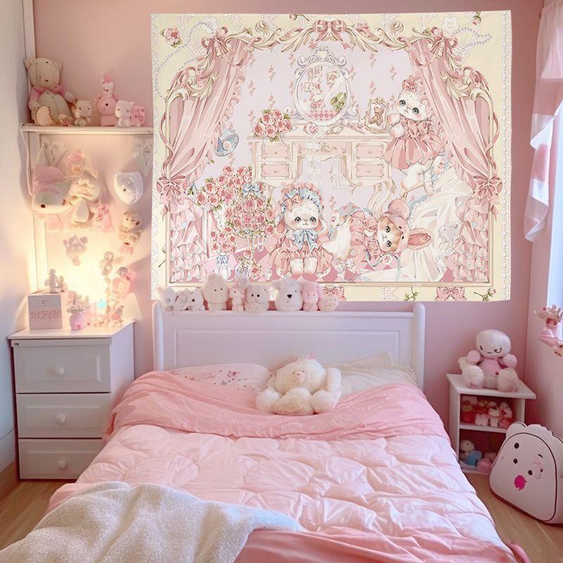 Kawaii Pink Teddy Bear Tapestry Wall Hanging Dessert Cupcake Sweet Girly Aesthetic Wall Art Bedroom Girls Room Decor
