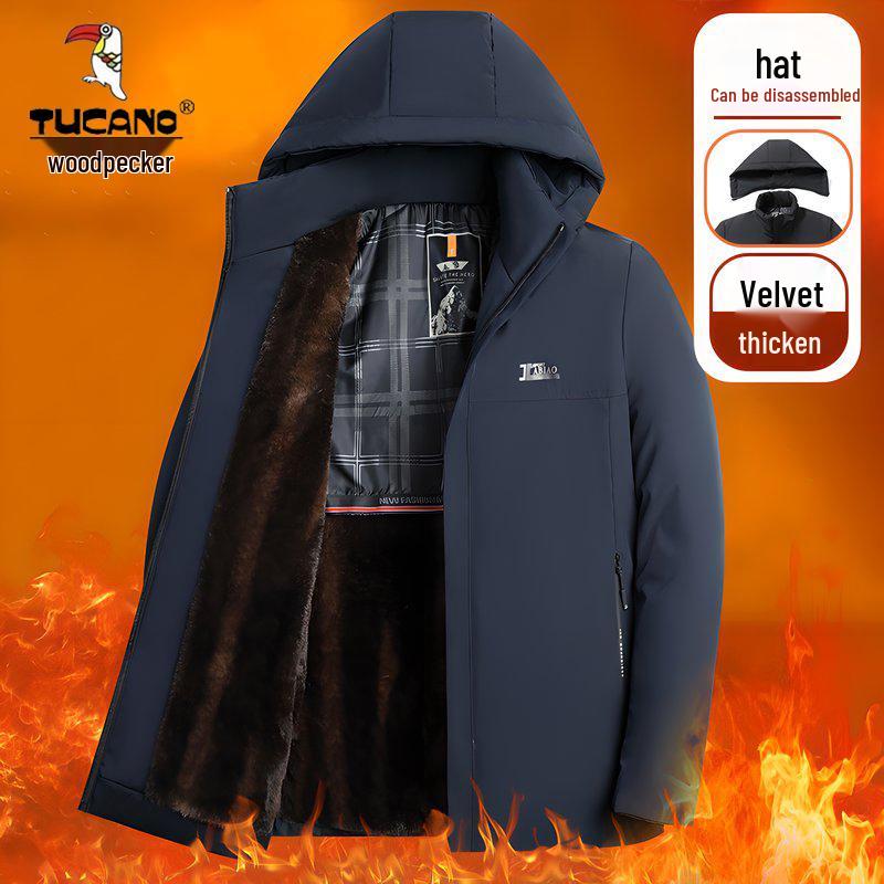 

Woodpecker Men s Winter Fleece-Lined Cotton Coat with Detachable Hood 2XL (180cm) for 110-130kg темно-синього кольору