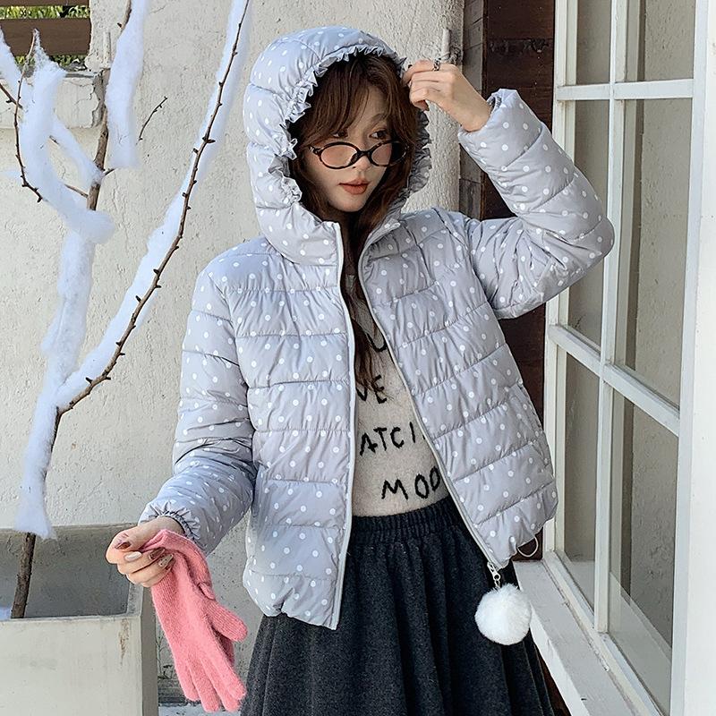 Sweet polka dot ribs hooded down cotton-padded clothes women's winter new short printed cotton-padded jacket