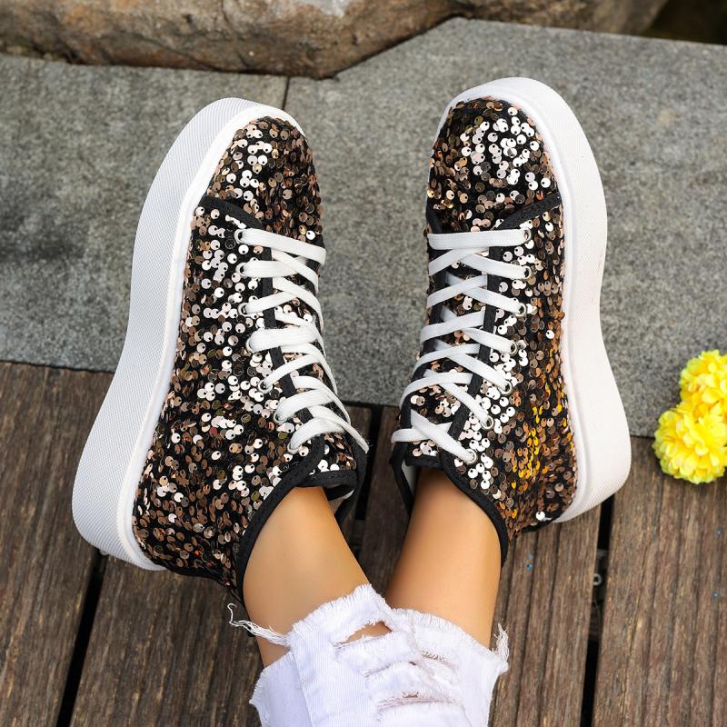 Luxury Sequined Thick Bottom Skate Shoes Women 2025 Autumn Round Toe Lace Up Casual Shoes Comfort Soft Sole Non Slip Sneakers