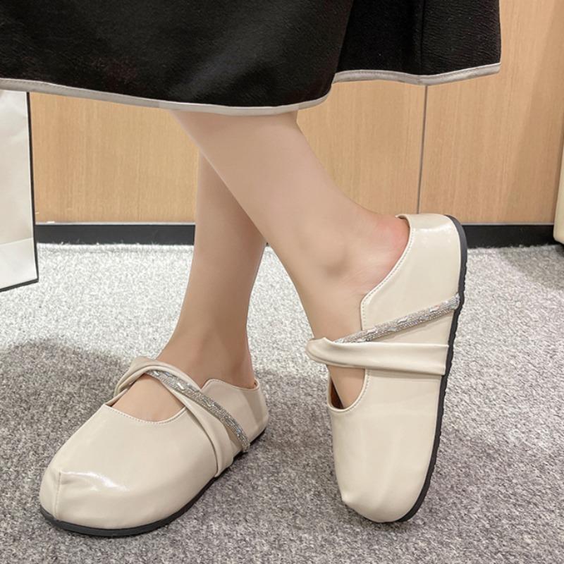 Fashion Fashion Flat Top Slippers Summer New Round Head Shallow Mouth Crystal with Anti-slip Wear-resistant Heel Shoes