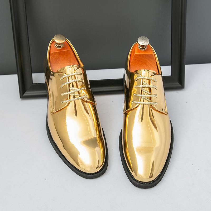 Britain Fashion Men's Pointed Mirror Pu Leather Gold Silver Casual Dress Homecoming Shoes Male Formal Wedding Oxfords Footwear