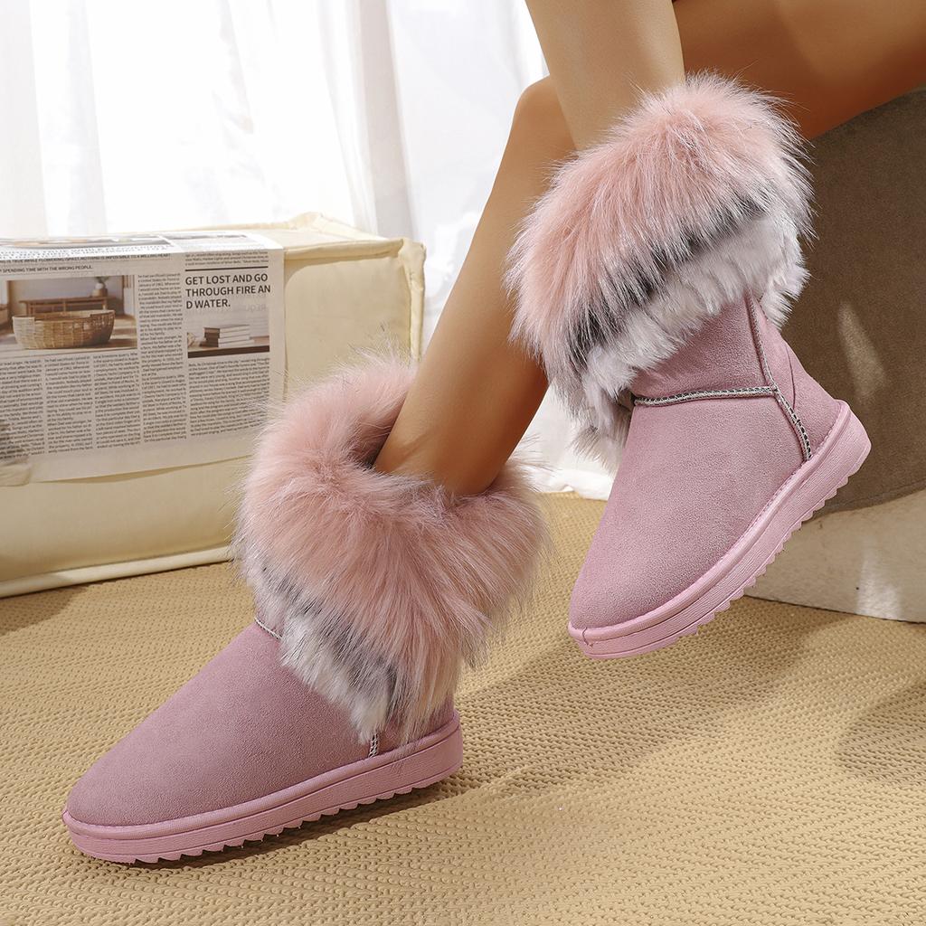 Shoes for Women Fur Boots Winter Warm Ankle Boots for Women Round Toe Slip On Snow Boots Female Comfortable Outdoor Ladies Shoes