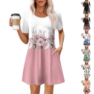 Women's Summer Dress Loose Beach Vacation Casual Round Neck Short Sleeve Sundress With Pocket Short Sleeve Shirt Dress