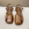 Beige Heeled Sandals Buckle Strap Comfort Shoes for Women Summer Black Flat Clear Low Fashion Closed Girls Fretwork