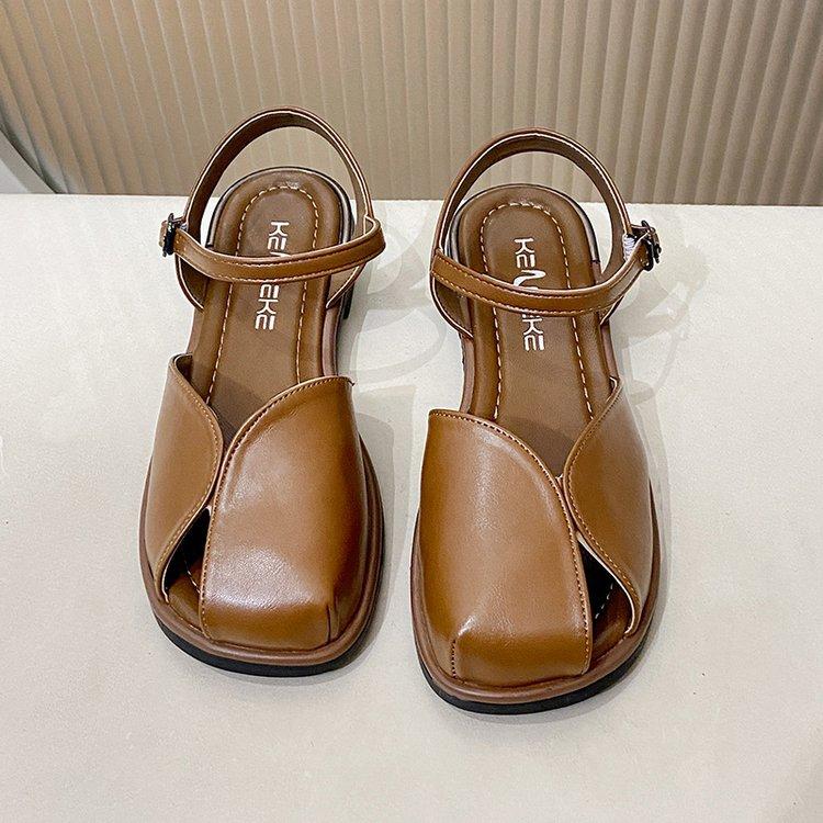 Beige Heeled Sandals Buckle Strap Comfort Shoes for Women Summer Black Flat Clear Low Fashion Closed Girls Fretwork