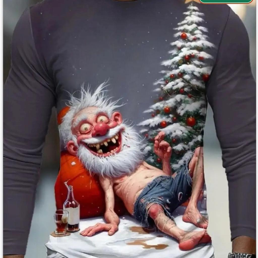 Men 3D Santa Gnome Print Christmas Long Sleeve Tee Plus Size