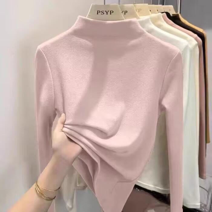 Women's Plus Velvet Half-High Collar Long-Sleeve Fleece Base Layer Top - Autumn/Winter