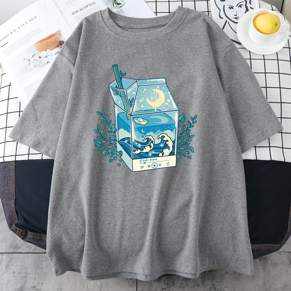 Milk Box Moonlight Waves Prints Man Cotton Clothing Creativity Casual Crewneck T-Shirts Mens Short Sleeve