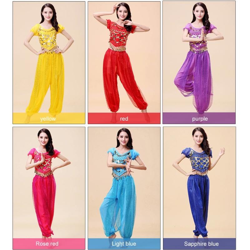 Belly Dance Costume Set for Women Crewneck Short Sleeve Tee Shirt Top Lantern Trousers Carnival Dancer Outfit Suit
