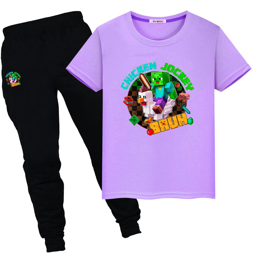 

2 шт. Шорты+брюки мальчики девочки Спортивные костюмы Принт Minecraft 100% хлопок Аниме футболка Детская одежда Мультяшный костюм детский праздничный подарок 160 фиолетовый