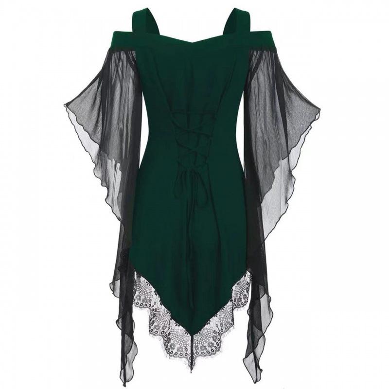 Neues Gothic-Pendelärmel-Oberteil mit unregelmäßiger Spitze und Trägern, Schnürung, Chiffonhemd