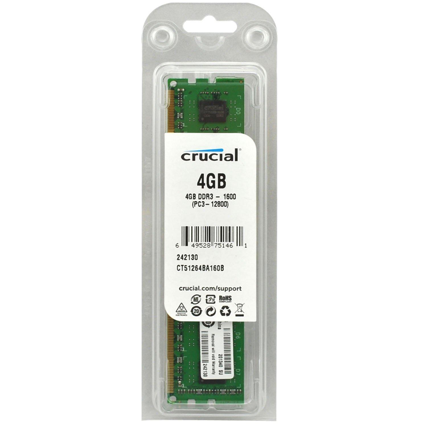 

Crucial [Crucial brand manufactured by Micron] DDR3 1600 MT/s (PC3-12800) 4GB CL11 Unbuffered UDIMM 240-pin CT51264BA160B