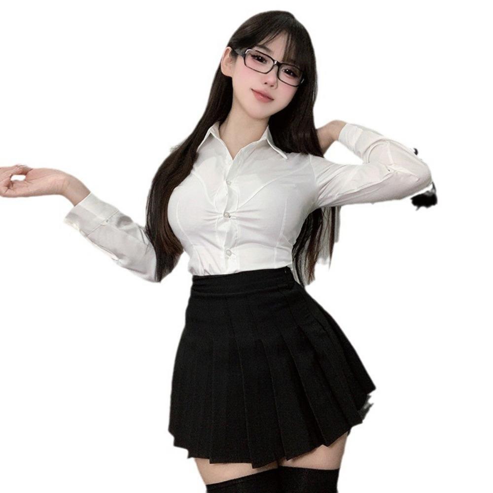 Domila JK Spice Girl Pure Wish Waist White Shirt Women's New Button Design Half Body Hip Wrap Skirt Sex Underwear