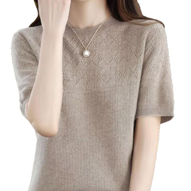 High-Quality Ice Silk Knitwear Summer Hollow Out T-Shirt - Round Neck, Loose Fit, Thin, Stylish, and Versatile.