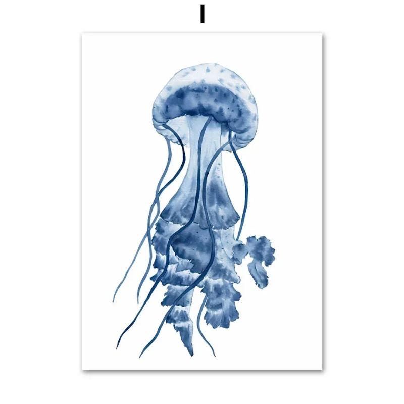 Modern Blue Coastal Sea Life Watercolour Wall Art  HD Canvas Print Poster for Living Room  Bedroom Decor