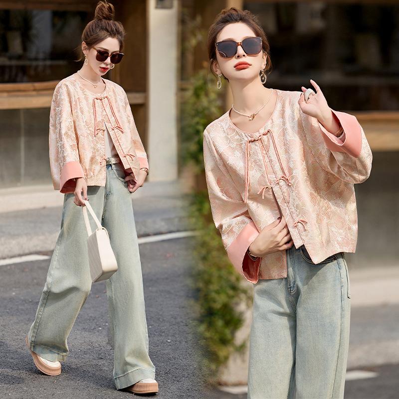 

Жаккардовая укороченная куртка на пуговицах женская весна и осень новая темпераментный дизайн чувство легкая роскошь дзен топ 2XL розовый