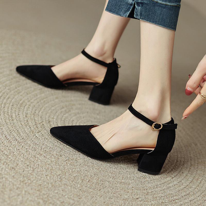 Summer women's casual sandals pointed large size shoes comfortable soft sole new thick heel middle heel buckle suede women's sandals