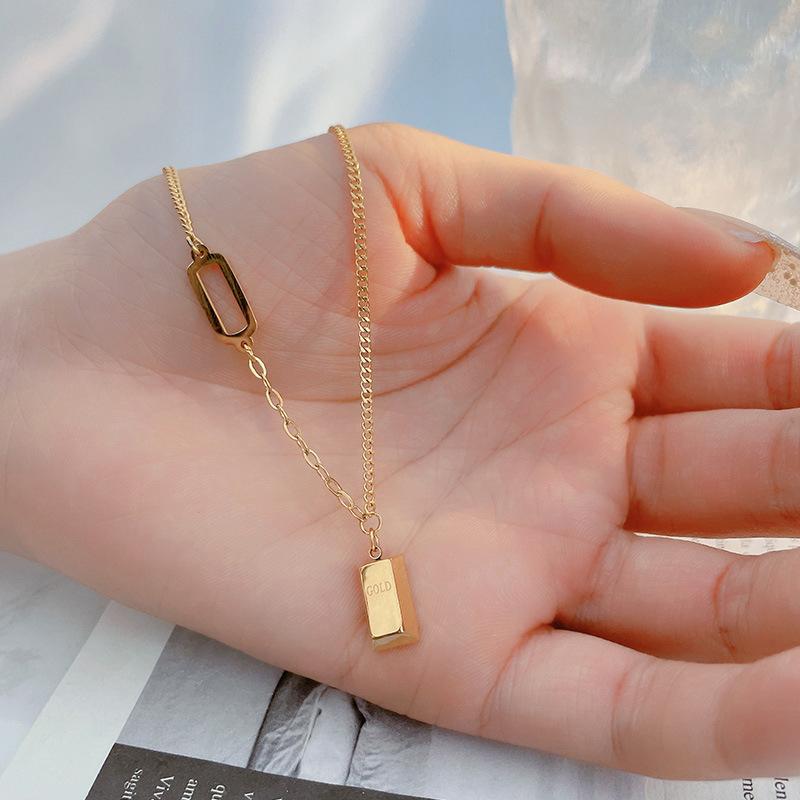 Charm Jewelry, Titanium Steel Get Rich Small Gold Bar Necklace, Lucky Small Gold Brick Pendant Necklace