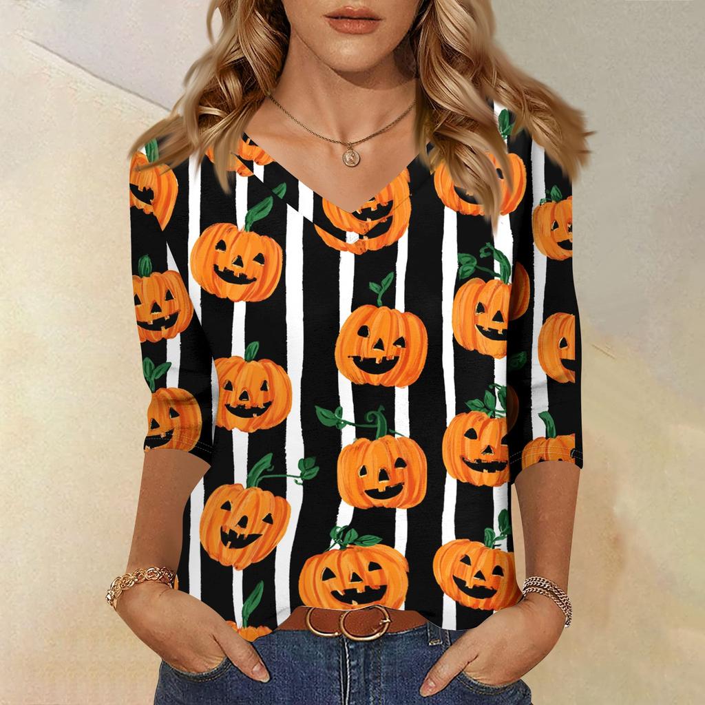 Women's Three-Quarter Sleeve V-Neck Top with Halloween Print for Casual