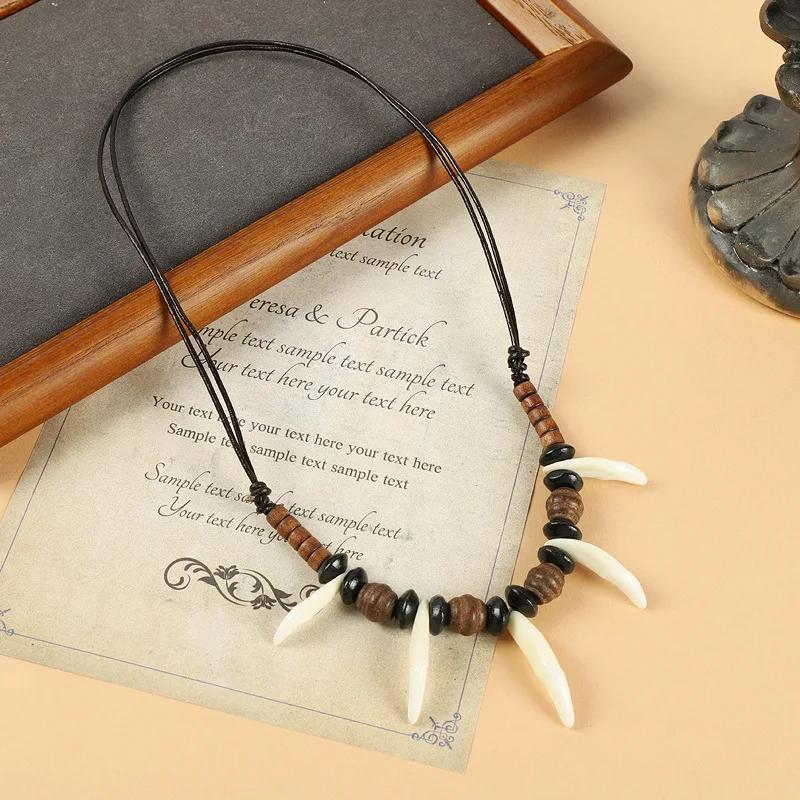 

Ethnic Style Wood Bead Wolf Tooth Pendant Necklace Men s and Women s Retro Personality Hip Hop Rock Punk Jewelry Accessories