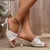 Summer Temperament Square Toe Soft Leather Flip-flops Women's New Outing Pleated Open-toe Stiletto High Heels