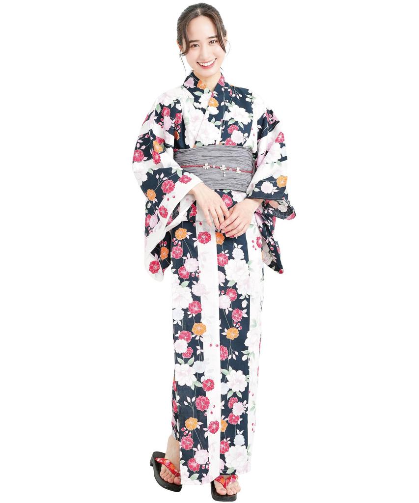 Nishiki Yukata Set Modern Kimono Light Cherry Blossom Stripes 2305-A Women's 2-Piece (Yukata + Pre-Obi) - Ready-to-Wear, One-Size-Fireworks, Retro,